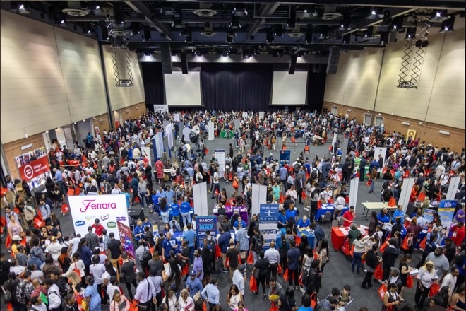 Job fair and recruitment event management platform with attendee tracking, virtual booth setup, and employer analytics